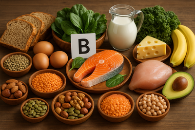 Lebensmittel mit Vitamin B auf einem Tisch