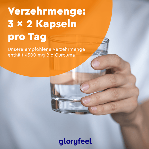 Eine Person hält ein Glas Wasser mit einer orangefarbenen Folie, auf der die Dosierungsinformationen für Bio Curcuma Kapseln der gloryfeel GmbH in deutscher Sprache angezeigt werden.