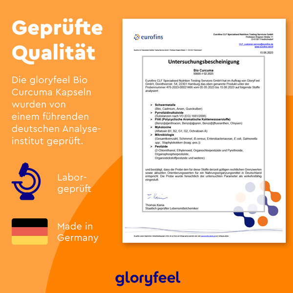 Zertifikat von Eurofins, das bestätigt, dass die Bio Curcuma Kapseln der gloryfeel GmbH laborgeprüft sind. Die Produktverpackung trägt die Hinweise „Laborgeprüft“ und „Made in Germany“ sowie entsprechende Symbole.