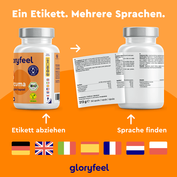 Zwei Flaschen Bio Curcuma Kapseln der gloryfeel GmbH haben mehrsprachige Etiketten. Im deutschen Abschnitt wird erklärt, wie man durch Abziehen des Etiketts Anweisungen in bestimmten Sprachen findet. Unten sind Flaggen abgebildet.