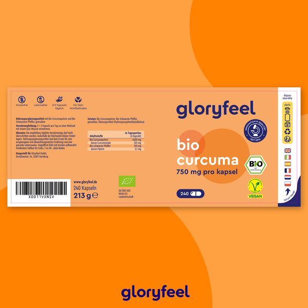 Abbildung des Etiketts der Bio Curcuma Kapseln von gloryfeel GmbH mit 750-mg-Kapseln mit Bio-, Vegan- und Bio-Zertifizierung; enthält Gebrauchsanweisungen und Nährwertangaben.
