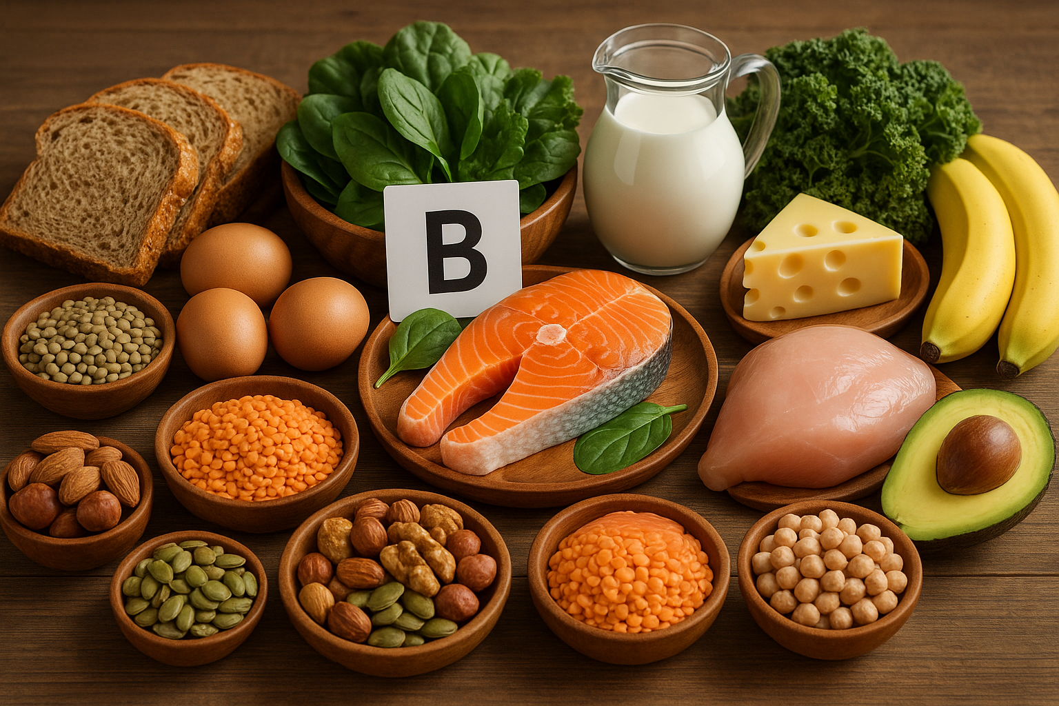 Lebensmittel mit Vitamin B auf einem Tisch