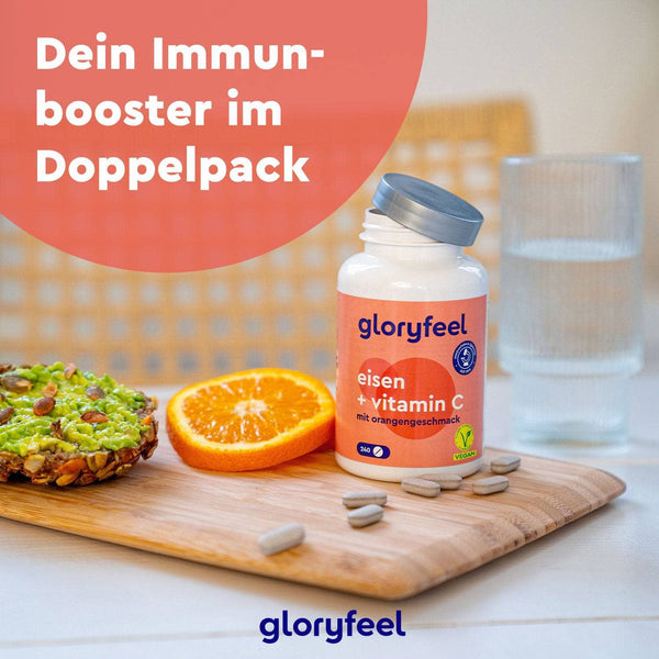 Eine Flasche Eisen + Vitamin C Tabletten der gloryfeel GmbH auf einem Holzbrett mit einer Orangenscheibe, Müsli-Toast und einem Glas Wasser. Der deutsche Text lautet: „Ihr Immunbooster im Doppelpack.“.