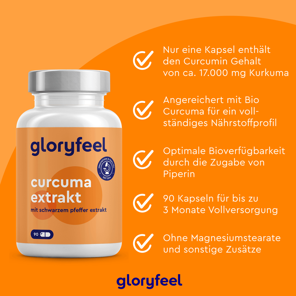 Bild einer Nahrungsergänzungsmittelflasche mit der Aufschrift „Gutes Bauchgefühl Set“ von gloryfeel, mit Vorteilen und Inhaltsstoffen wie 17.000 mg Curcumin, Bio Curcuma, 90 Kapseln und frei von künstlichen Zusatzstoffen.