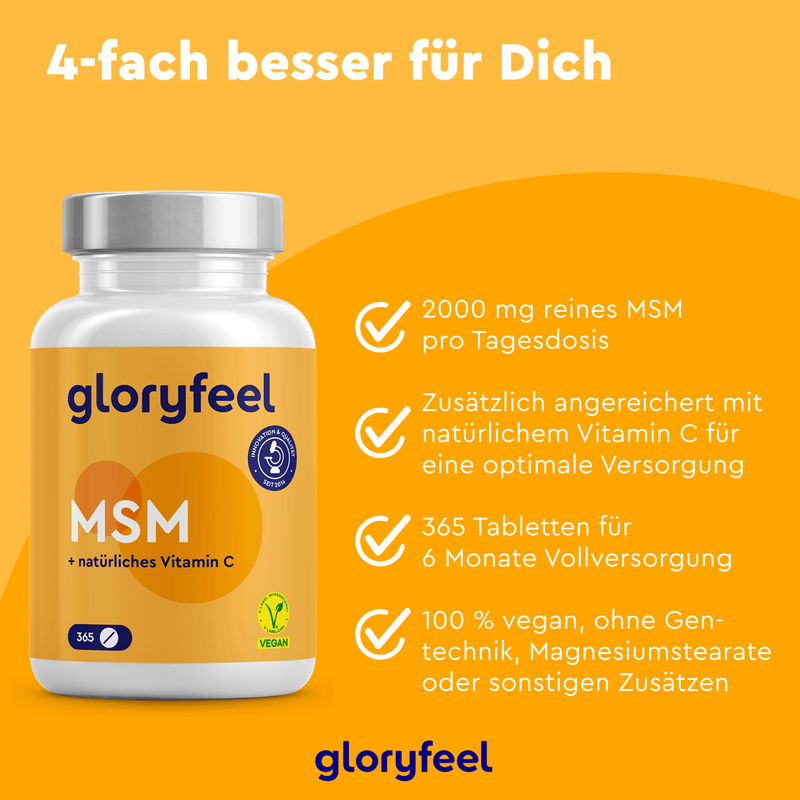 Die MSM + Vitamin C Tabletten der gloryfeel GmbH präsentieren ihre Vorteile auf Deutsch und enthalten 2000 mg Methylsulfonylmethan pro Dosis. Diese vegane, zusatzstofffreie Formel liefert eine organische Schwefelverbindung für optimale Gesundheit.
