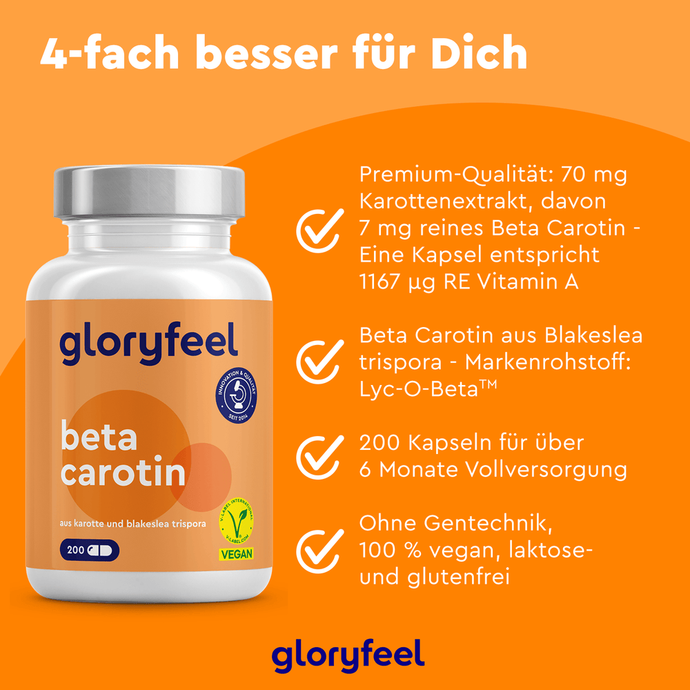 Eine Flasche „Beta-Carotin-Kapseln“ der gloryfeel GmbH hebt ihre vegane Formel hervor, 70 mg Carotin pro Kapsel, den Status „ohne Gentechnik“ und bietet einen Vorrat von über 6 Monaten.
