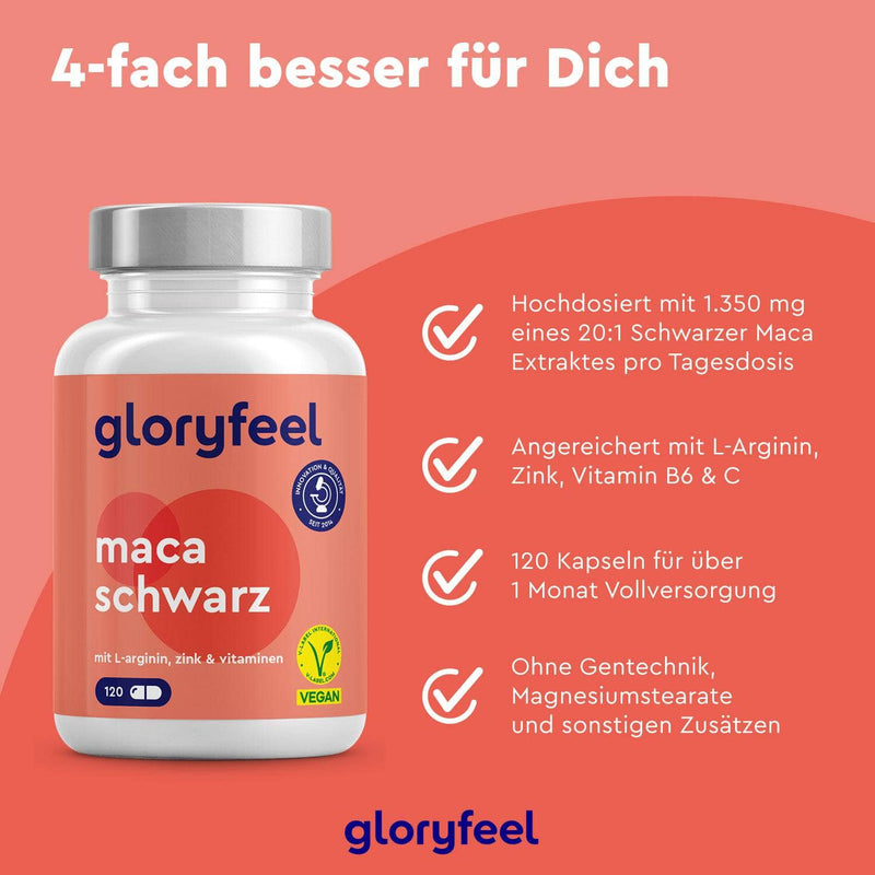 Auf einem orangefarbenen Hintergrund ist eine Flasche „Schwarze Maca-Kapseln“ der gloryfeel GmbH abgebildet, auf der Vorteile, Inhaltsstoffe wie Vitamin B6 und schwarze Maca sowie Dosierungsinformationen angegeben sind.