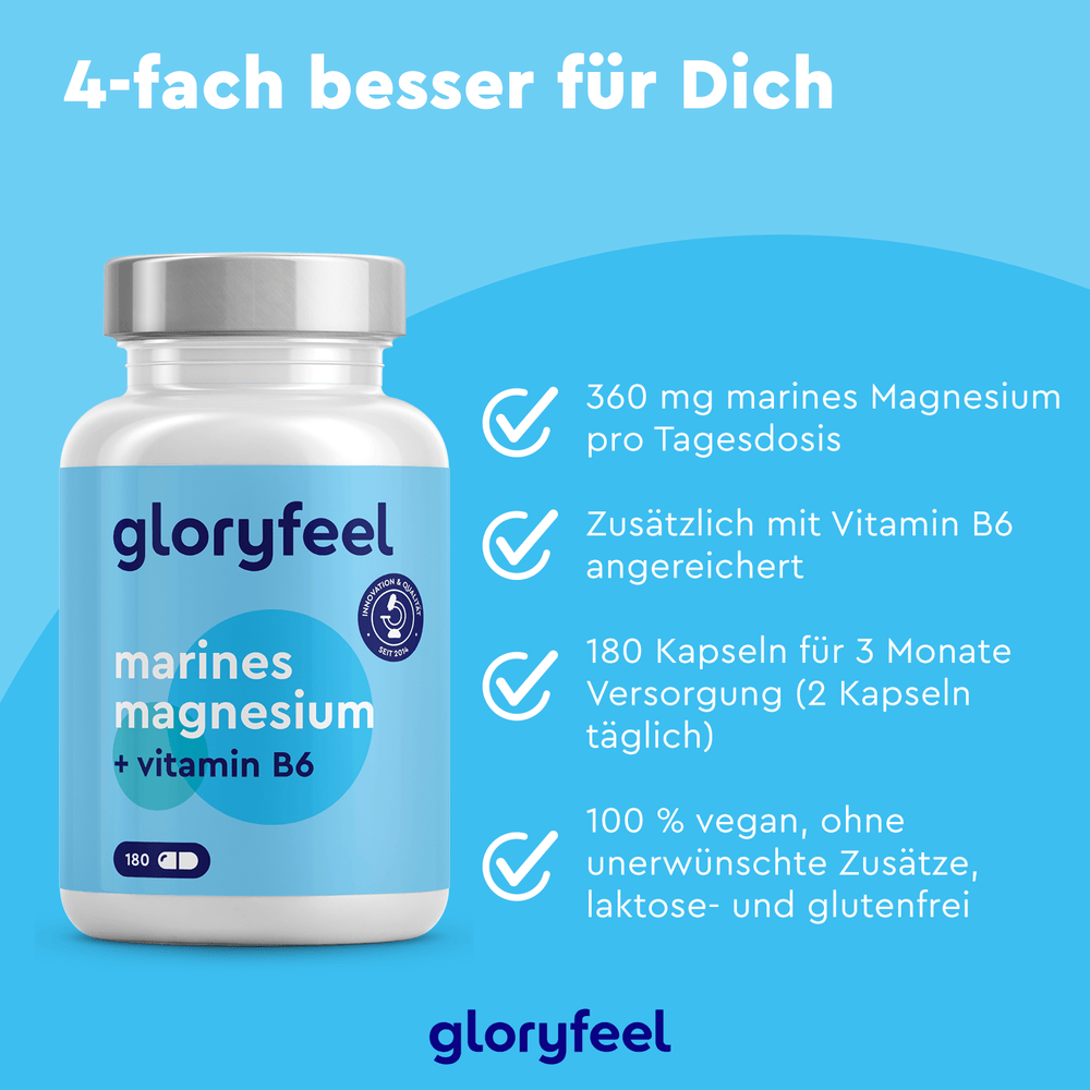 Abbildung der Marines Magnesium Kapseln der gloryfeel GmbH. Highlights: 360 mg Magnesium pro Tagesdosis für die Muskelfunktion, angereichert mit Vitamin B6, in 180 veganen Kapseln, laktose- und glutenfrei.