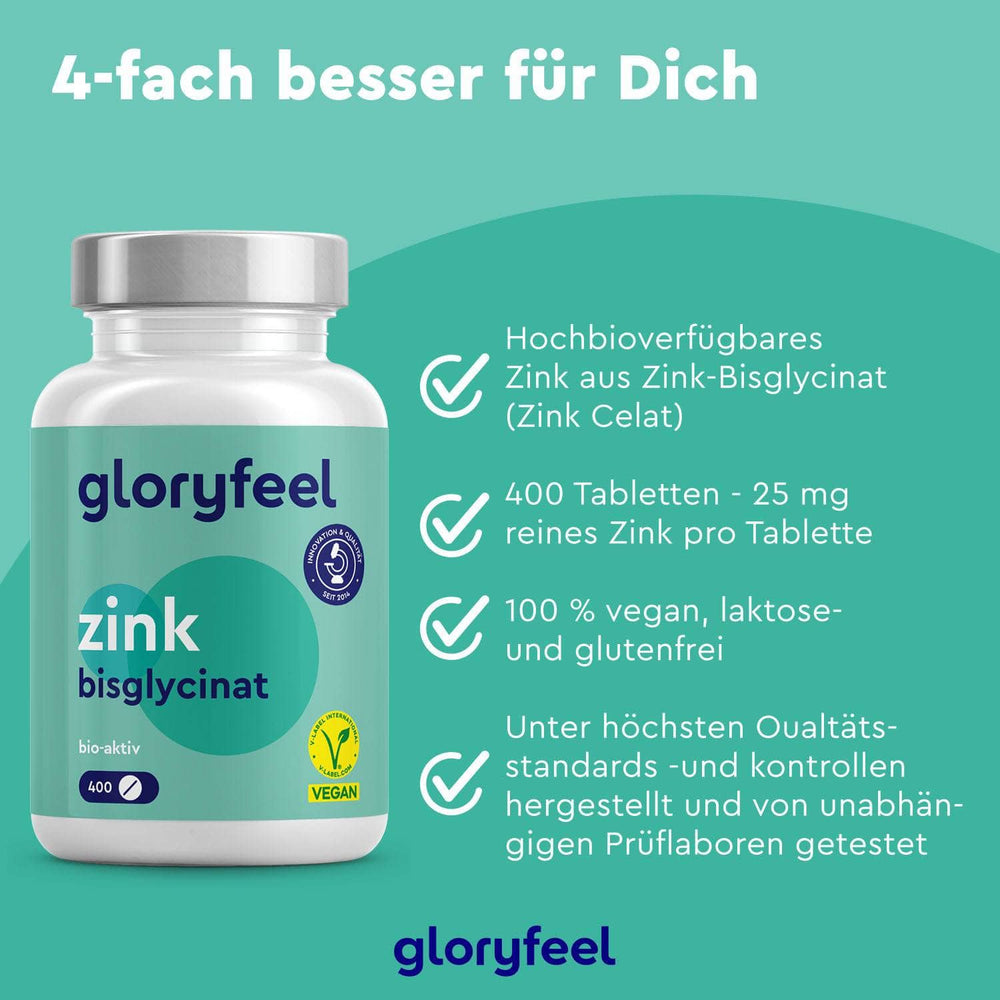 Eine Flasche mit der Aufschrift „gloryfeel GmbH Zinkbisglycinat Tabletten“ steht auf einem grünen Hintergrund und wirbt mit Vorteilen wie veganen und laktosefreien Eigenschaften, einer hohen Tablettenanzahl und Qualitätsprüfungen dieses Nahrungsergänzungsmittels.