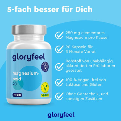 Magnesiumoxid 90 Kapseln von gloryfeel GmbH: Jede vegane, gluten- und laktosefreie Kapsel enthält 250 mg Magnesium, geprüft durch ein akkreditiertes Labor. Packung mit 90 Kapseln.