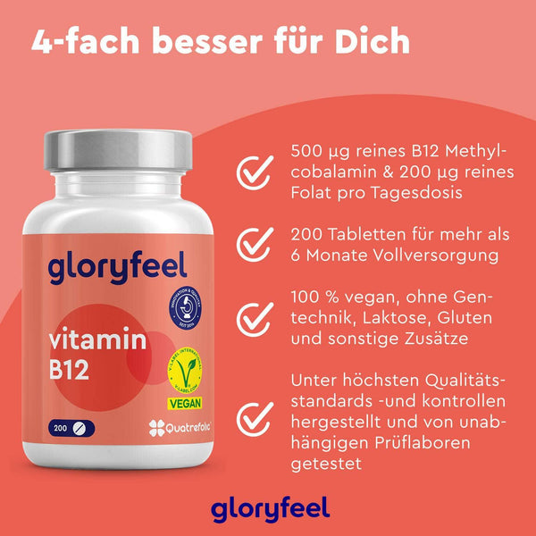 Eine Flasche Vitamin B12-Tabletten der gloryfeel GmbH wird auf einem orangefarbenen Hintergrund angezeigt, wodurch die Dosierung, die vegane Zertifizierung und die Qualitätsstandards hervorgehoben werden.