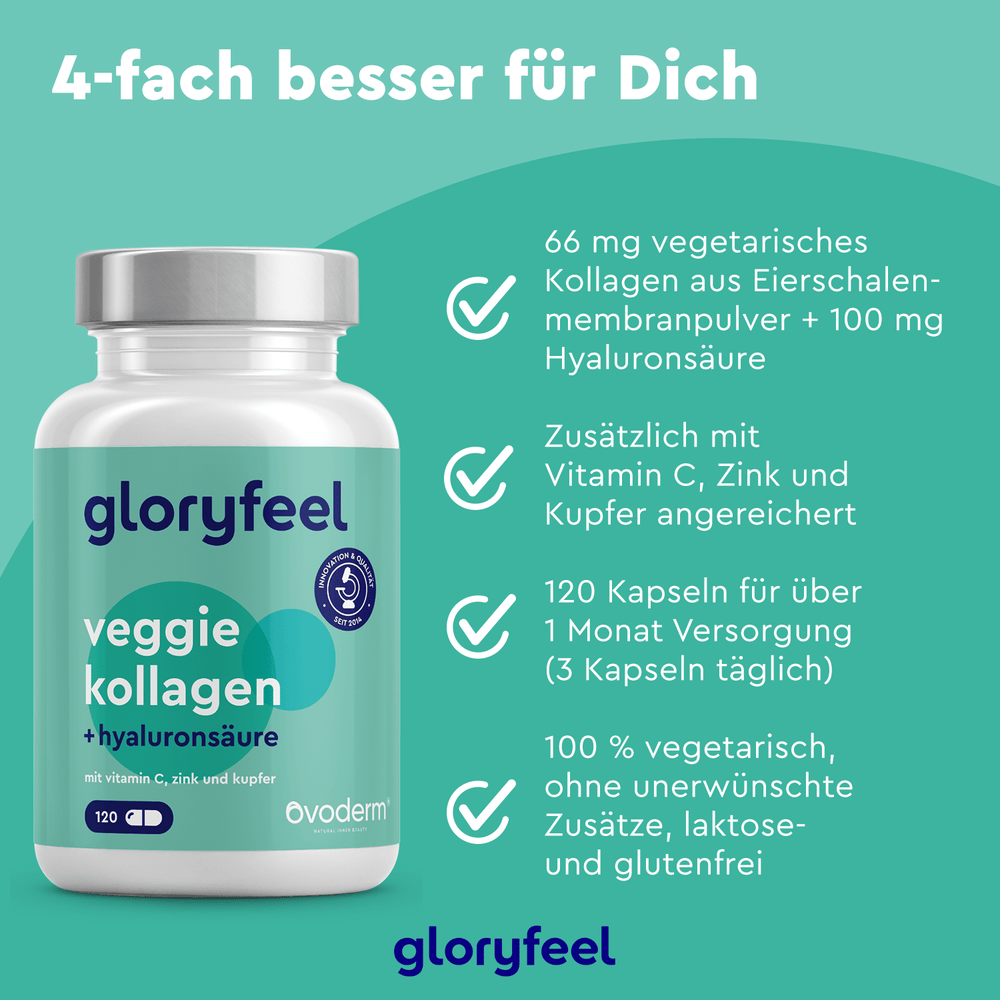 Eine Flasche „Veggie Kollagen Kapseln“ der gloryfeel GmbH wird auf grünem Hintergrund präsentiert und betont auf Deutsch ihre Vorteile. Verbessern Sie Ihre Schönheitsroutine mit Marine Kollagen und Typ-1-Kollagen für optimale Ergebnisse.