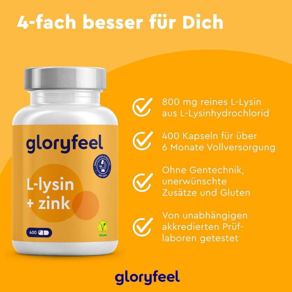 Abgebildet ist eine Flasche L-Lysin + Zink Kapseln der gloryfeel GmbH, die Vorteile wie reines L-Lysin, gentechnikfrei, glutenfrei und unabhängig im Labor getestet hervorhebt.