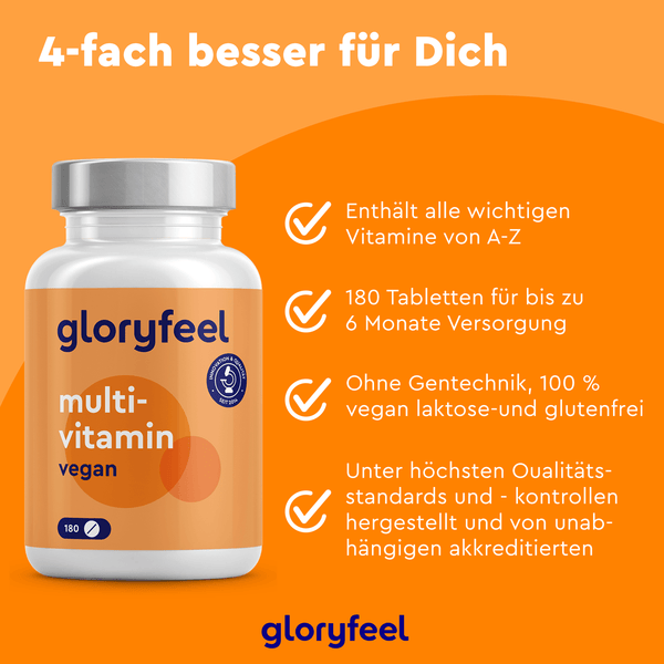 Die orangefarbene Werbung von Gloryfeel bewirbt die veganen Multivitamintabletten, die Vorteile wie natürliche Vitamine und einen 6-Monats-Vorrat bieten. Die Tabletten sind glutenfrei, laktosefrei und gentechnikfrei – ideal für eine vegane Ernährung.