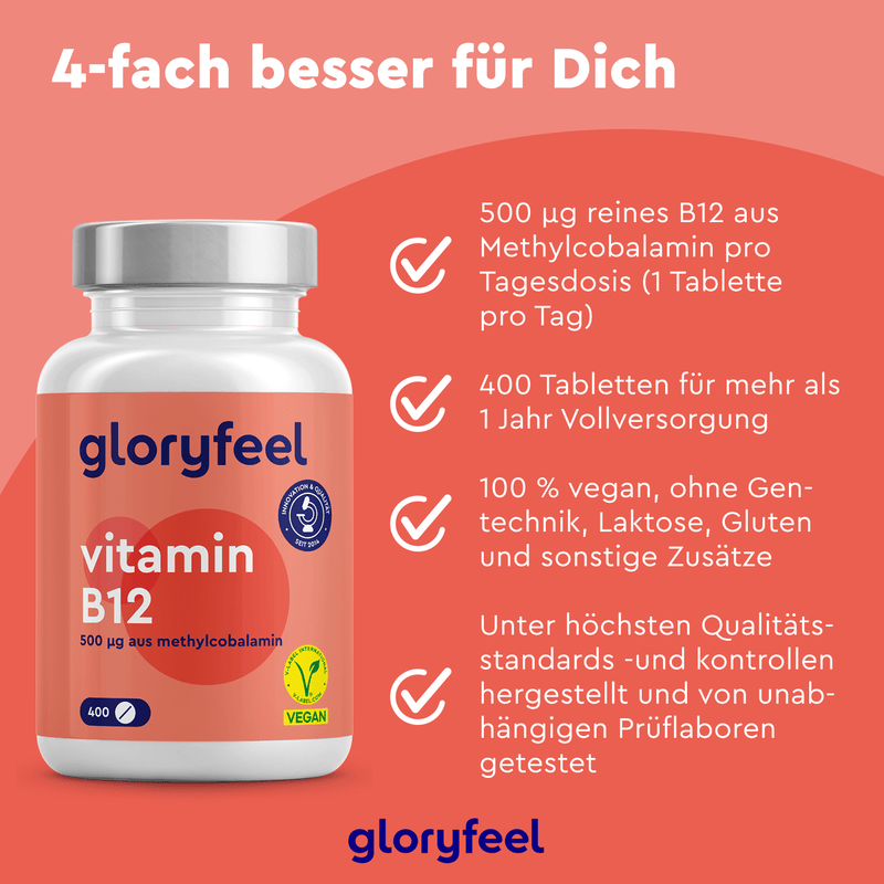 Die Vitamin B12 Methylcobalamin Tabletten der Gloryfeel GmbH verfügen über eine Vegan-Zertifizierung und Premium-Qualität. Es wird als hochwertiges Nahrungsergänzungsmittel präsentiert und unterstreicht seinen vertrauenswürdigen Qualitätsanspruch.