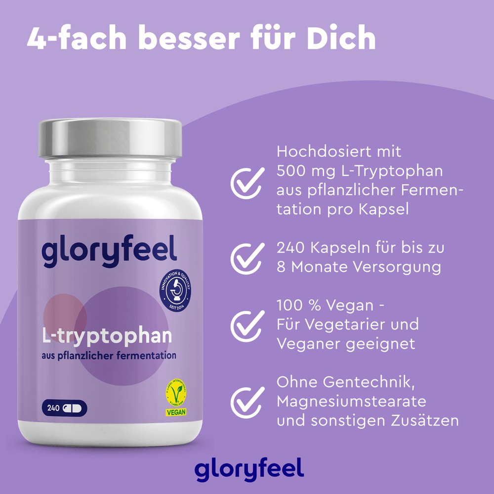 Eine Flasche L-Tryptophan-Kapseln der gloryfeel GmbH ist auf violettem Hintergrund abgebildet, mit einem Text, der auf die hohe Dosierung, die vegane Eignung und die Vorteile ohne Zusatzstoffe wirbt.