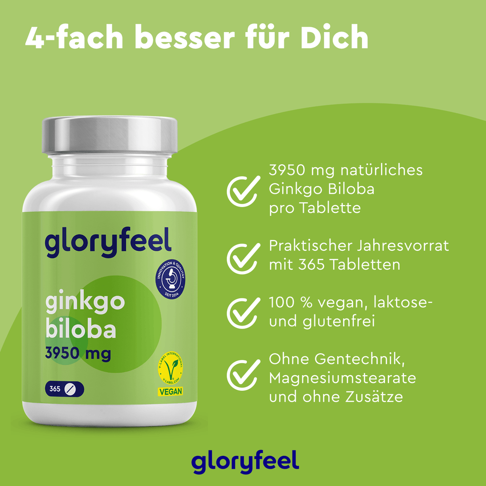 Die Ginkgo biloba Tabletten der gloryfeel GmbH bieten beeindruckende 3950 mg reinen Ginkgo-Extrakt pro Portion. Mit 365 veganen Tabletten sind diese Nahrungsergänzungsmittel frei von Laktose, Gluten, GVO und Zusatzstoffen und bieten die natürlichen Vorteile des wertvollen Ginkgo-Baums.