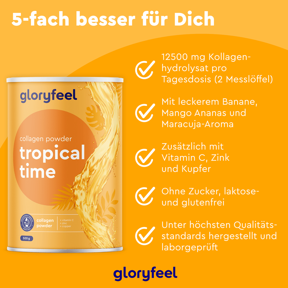 Ein Bild zeigt das Kollagen Pulver Tropical Time der gloryfeel GmbH und hebt seine Eigenschaften hervor: 12500 mg Kollagen, Hyaluronsäure, Vitamin C, Zink, Kupfer. Es ist zuckerfrei, laktosefrei, glutenfrei und nach hohen Qualitätsstandards hergestellt.