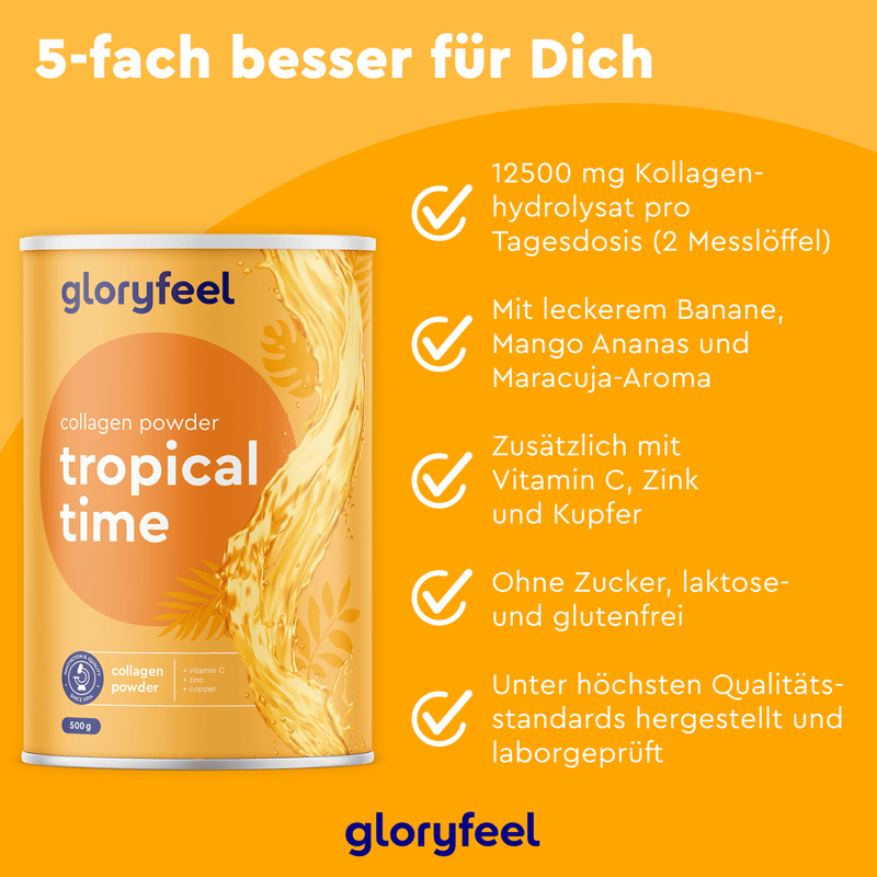 Ein Bild zeigt das Kollagen Pulver Tropical Time der gloryfeel GmbH und hebt seine Eigenschaften hervor: 12500 mg Kollagen, Hyaluronsäure, Vitamin C, Zink, Kupfer. Es ist zuckerfrei, laktosefrei, glutenfrei und nach hohen Qualitätsstandards hergestellt.