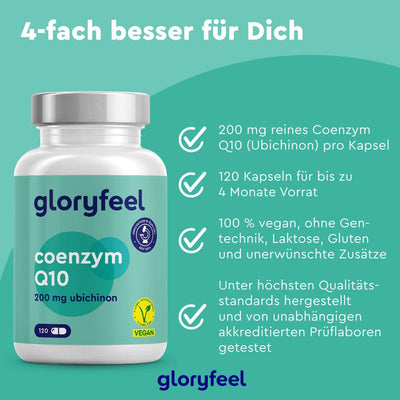 Das Bild mit dem grünen Hintergrund zeigt eine Flasche Coenzym Q10 Kapseln der gloryfeel GmbH und hebt Vorteile wie 200 mg pro Kapsel, vegan, laktosefrei und unabhängig getestet hervor.