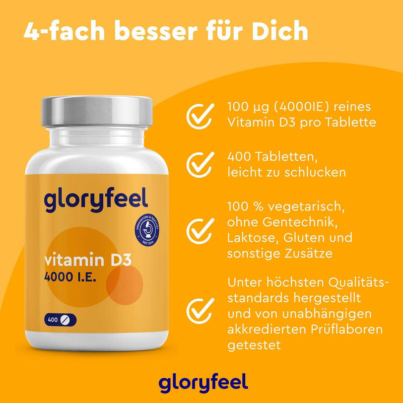 Orange-weiße Flasche Vitamin D3 Tabletten 4000 I.E. der gloryfeel GmbH, die Reinheit, Menge und hohe Qualitätsstandards hervorhebt.