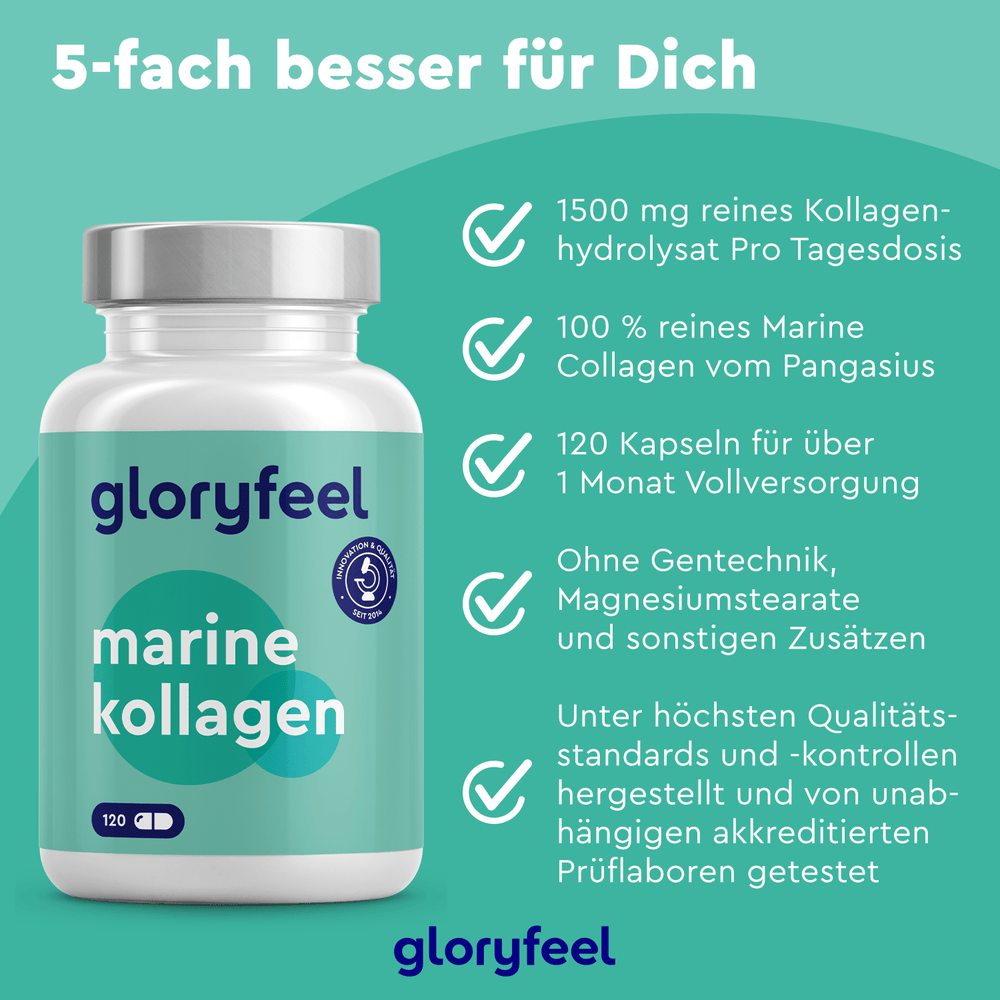 Die Marine Kollagen Kapseln der gloryfeel GmbH zeichnen sich durch Vorteile wie eine 1500 mg Tagesdosis, 100 % Meereskollagen, 120 Kapseln und Qualitätsprüfungen aus.