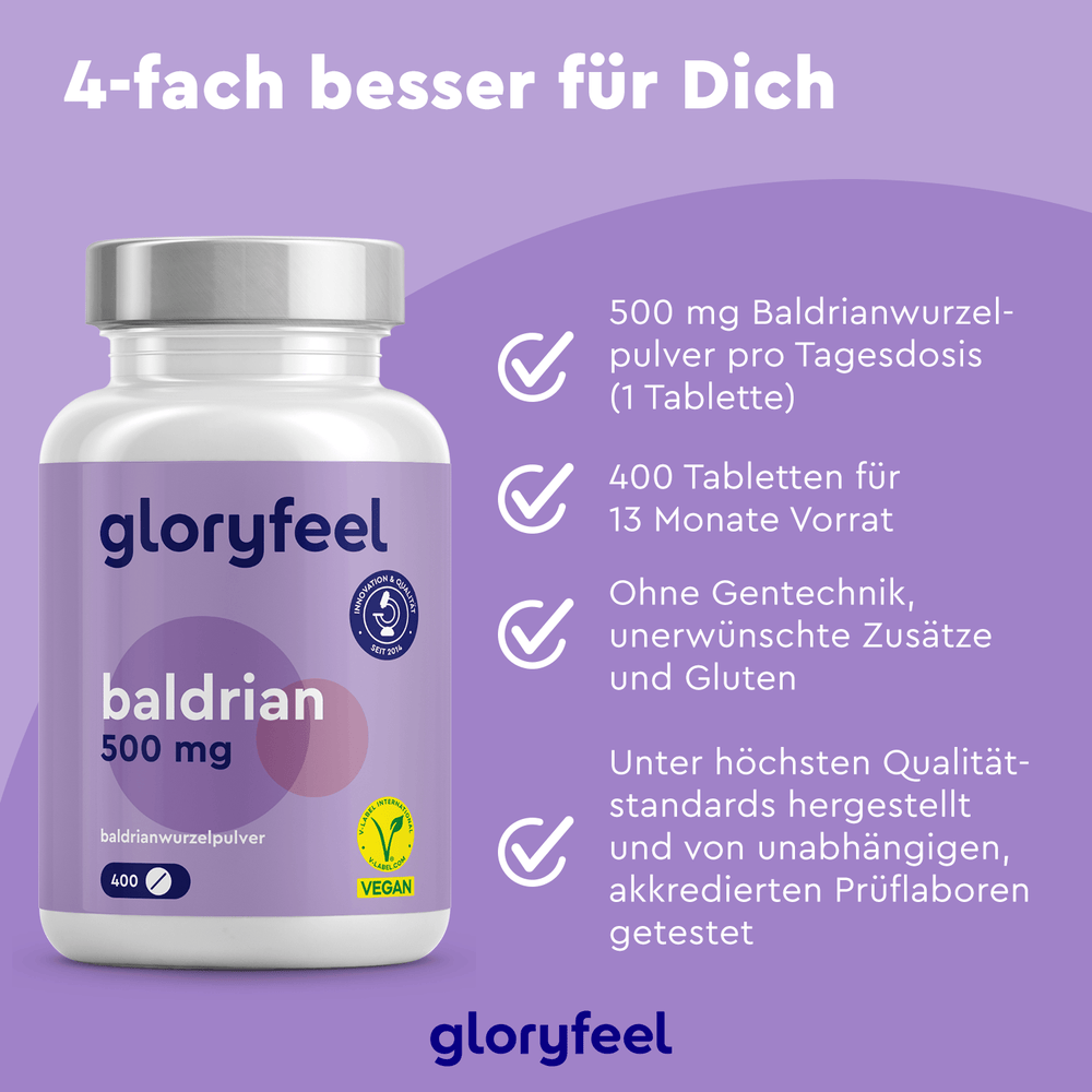 Eine Flasche Baldrian Tabletten der gloryfeel GmbH auf violettem Hintergrund hebt Merkmale wie vegan, gentechnikfrei und glutenfrei hervor.