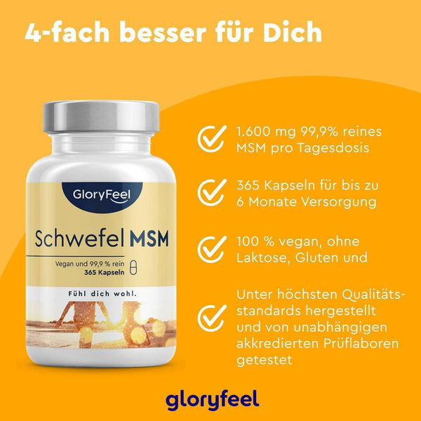 A bottle of Tri-Magnesium Dicitrat + MSM capsules by GloryFeel stands against an orange background, showcasing ingredients, vegan claims, and quality standards in German text.