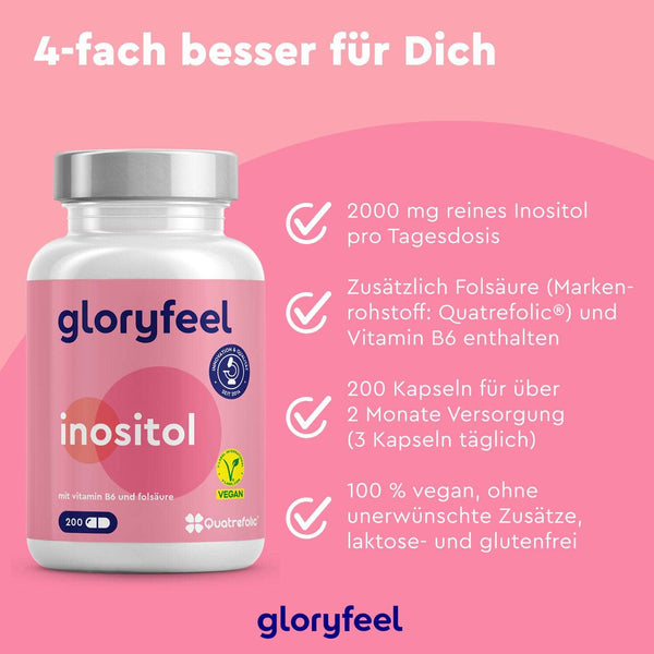 Eine Flasche Inositol-Kapseln der gloryfeel GmbH wird auf einem rosa Hintergrund präsentiert und hebt Merkmale wie Dosierung, zusätzliche Vitamine, 200 vegane Kapseln und das Fehlen bestimmter Zusatzstoffe hervor.