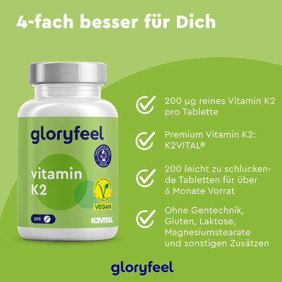 Eine grün-weiße Flasche Vitamin K2 Tabletten der gloryfeel GmbH steht vor einem üppigen Hintergrund und präsentiert einen deutschen Text über ihre Vorteile. Mit hochwertigem Menachinon-7 unterstützt dieses Nahrungsergänzungsmittel Ihre tägliche Gesundheitsroutine.