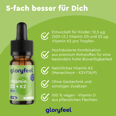 Eine Tropfflasche mit Vitamin D3 K2 Kids Tropfen der gloryfeel GmbH, die die Produktvorteile und den deutschen Text auf einem leuchtend grünen Hintergrund hervorhebt.