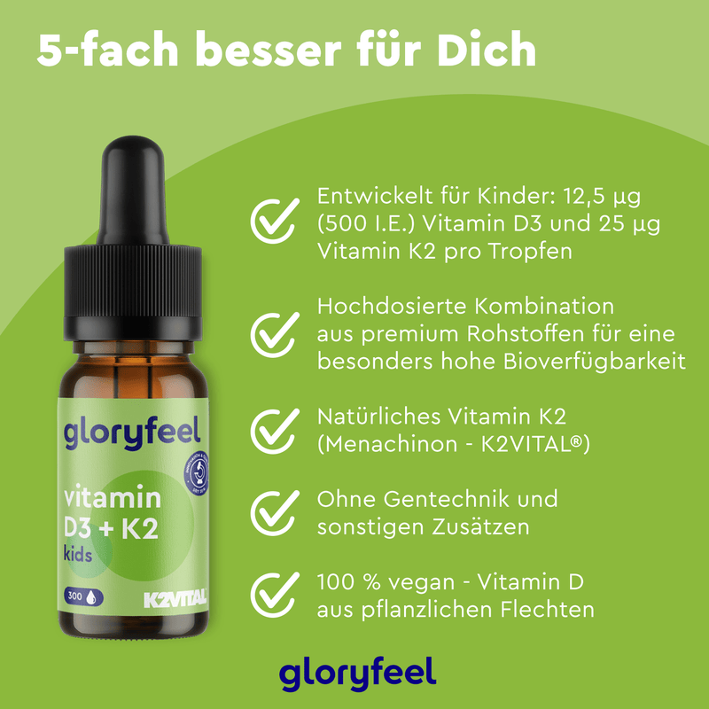 Eine Tropfflasche mit Vitamin D3 K2 Kids Tropfen der gloryfeel GmbH, die die Produktvorteile und den deutschen Text auf einem leuchtend grünen Hintergrund hervorhebt.