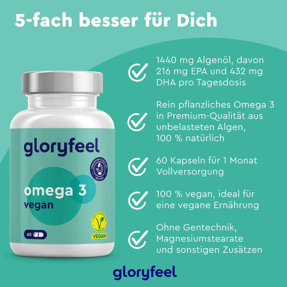 Entdecken Sie die Vorteile der veganen Omega-3-Kapseln der gloryfeel GmbH: Jede Portion liefert 1440 mg Algenöl mit essentiellem EPA und DHA für optimale Gesundheit. Mit 60 Algenöl-Kapseln pro Packung ist dieses vegane Produkt frei von Gentechnik und Zusatzstoffen.