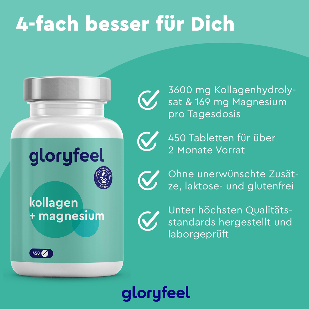 Bild der Kollagen + Magnesium Tabletten-Flasche der Gloryfeel GmbH auf Deutsch: hochwertig, frei von Zusatzstoffen, 3600 mg Kollagen, 450 Tabletten, mit 169 mg Magnesium-Tagesdosis. Ideal zur Erhaltung gesundheitserhaltender Eigenschaften.