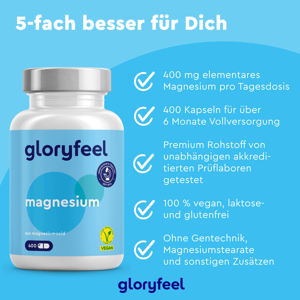 Abbildung einer Flasche „Magnesiumoxid Kapseln“ der gloryfeel GmbH mit hervorgehobenen Vorteilen: 400 mg Magnesium, 400 Kapseln, Premiumqualität, vegan, laktose-/glutenfrei und frei von bestimmten Zusatzstoffen.