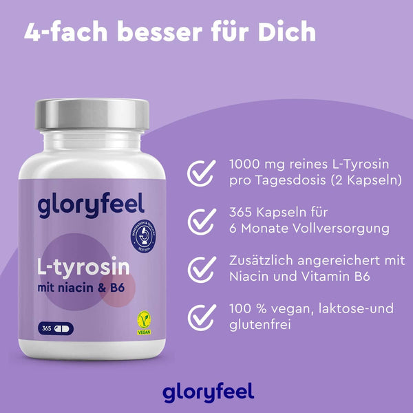 Eine Flasche gloryfeel GmbH L-Tyrosin Kapseln ist neben einem Text, der die Vorteile hervorhebt, vor einem lila Hintergrund abgebildet.