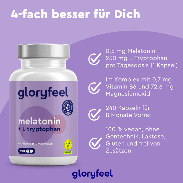 Eine violette Flasche mit der Aufschrift „Melatonin + L-Tryptophan Kapseln“ von gloryfeel GmbH, die auf weißem Hintergrund mit violetten Akzenten und Häkchen die veganen und zusatzstofffreien Vorteile präsentiert.