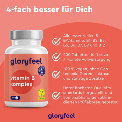 Eine Flasche Vitamin B Komplex der gloryfeel GmbH enthält 200 Tabletten, die das Wohlbefinden fördern und den Stoffwechsel unterstützen. Das vegane Produkt ist frei von Zusatzstoffen, enthält alle wichtigen B-Vitamine, reicht für 7 Monate, ist qualitätsgeprüft und wird auf rotem Hintergrund mit Produktinformationen präsentiert.