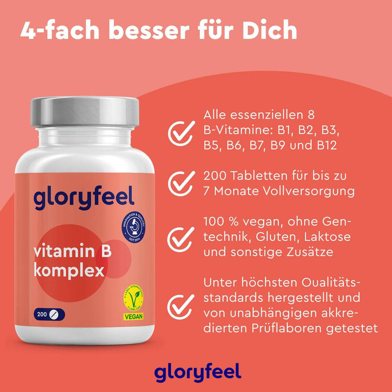 Eine Flasche Vitamin B Komplex der gloryfeel GmbH enthält 200 Tabletten, die das Wohlbefinden fördern und den Stoffwechsel unterstützen. Das vegane Produkt ist frei von Zusatzstoffen, enthält alle wichtigen B-Vitamine, reicht für 7 Monate, ist qualitätsgeprüft und wird auf rotem Hintergrund mit Produktinformationen präsentiert.