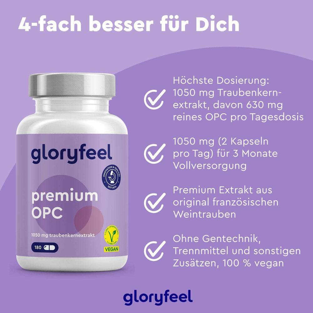 Ausgestellt ist eine Flasche Premium OPC 180 Kapseln der gloryfeel GmbH mit Angabe der Dosierung, Qualität und Vegan-Zertifizierung.