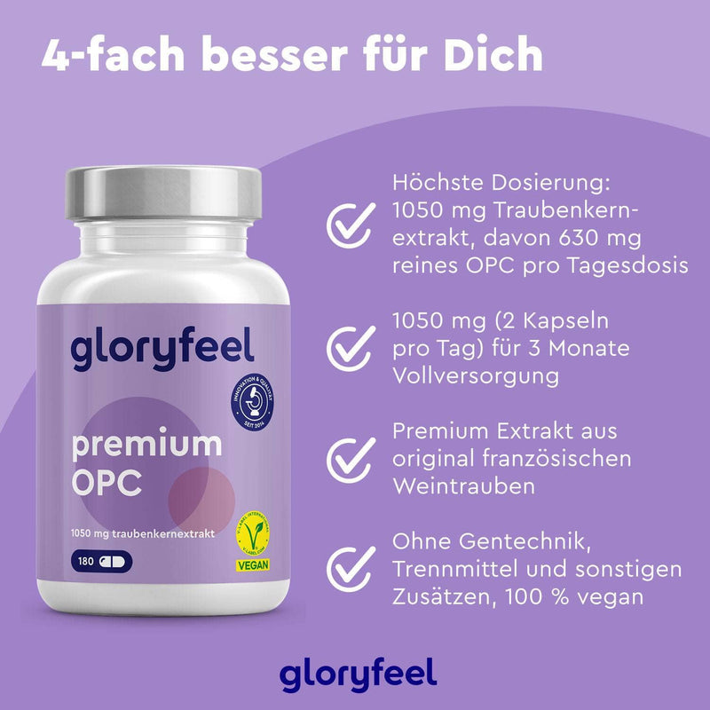 Ausgestellt ist eine Flasche Premium OPC 180 Kapseln der gloryfeel GmbH mit Angabe der Dosierung, Qualität und Vegan-Zertifizierung.