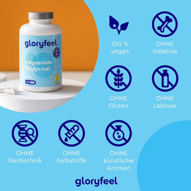 Eine Flasche Magnesiumbisglycinat-Kapseln der gloryfeel GmbH steht auf einer blauen Oberfläche; Symbole zeigen, dass sie vegan und frei von Gelatine, Gluten, Laktose, GVO, Farbstoffen und künstlichen Aromen sind.
