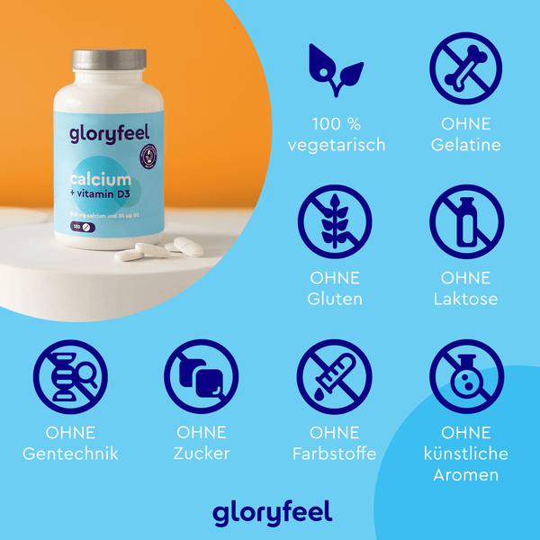 Eine Flasche Calcium + Vitamin D3 Tabletten der gloryfeel GmbH, gekennzeichnet als 100 % vegetarisch und frei von Gelatine, Gluten, Laktose, GVO, Zucker, Farbstoffen und künstlichen Aromen.