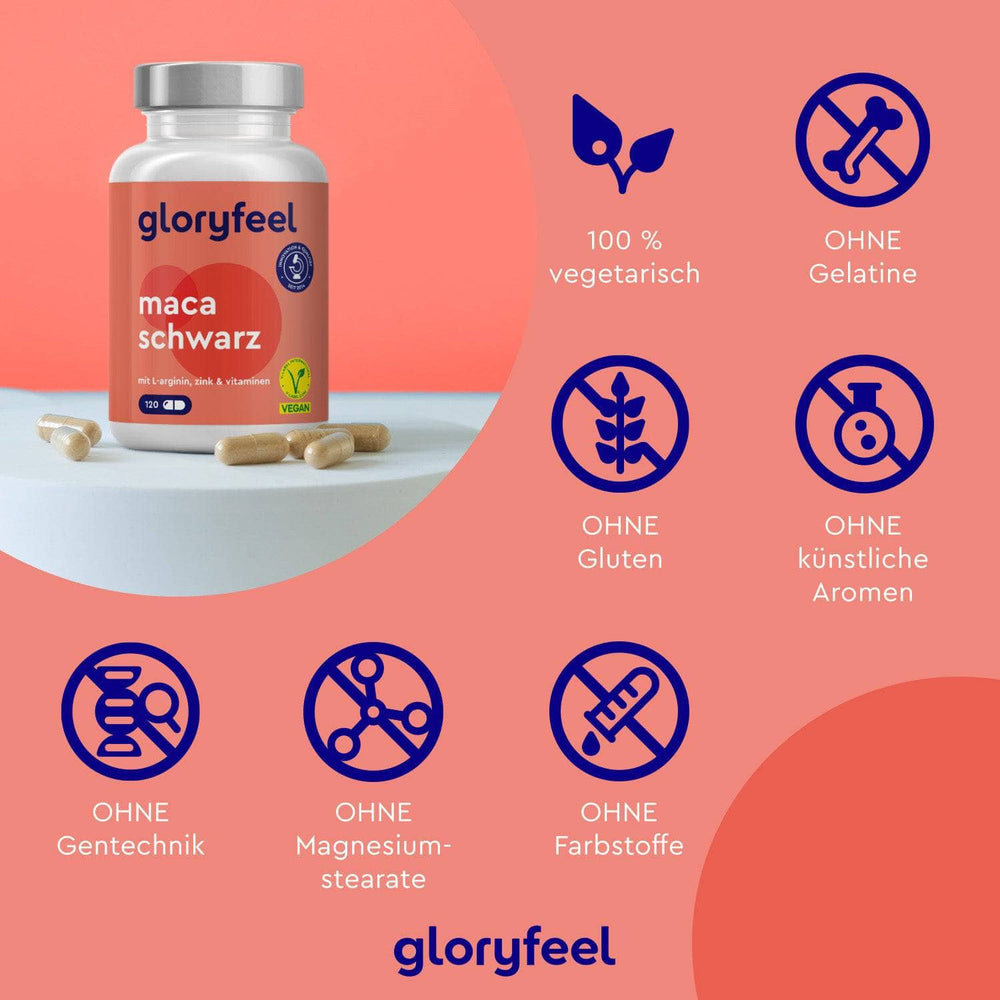 Bild einer Flasche „Schwarze Maca Kapseln“ der gloryfeel GmbH auf orangefarbenem Hintergrund mit Symbolen, die darauf hinweisen, dass die Kapseln vegetarisch und frei von Gelatine, Gluten, künstlichen Aromen und Zusatzstoffen sind.