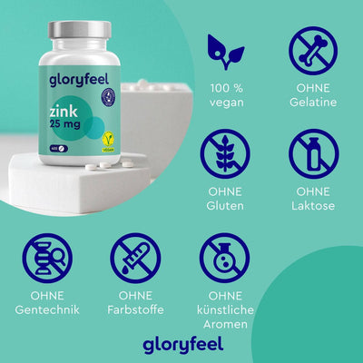 Eine Flasche Zink Tabletten der gloryfeel GmbH ist als vegan gekennzeichnet und frei von Gelatine, Gluten, Laktose, GVO, künstlichen Farb- und Aromastoffen.