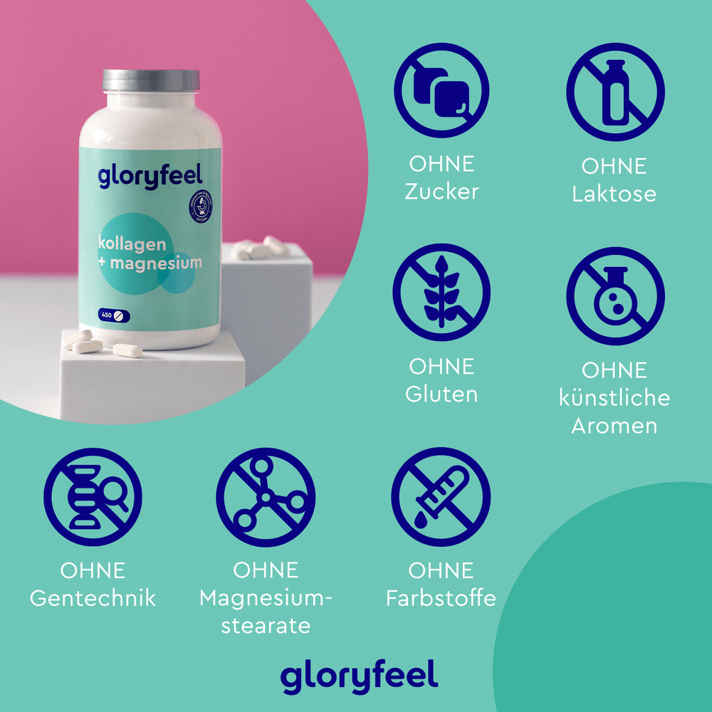 Entdecken Sie die Wellness-Vorteile der Kollagen + Magnesium Tabletten der gloryfeel GmbH. Dieses Nahrungsergänzungsmittel ist frei von Zucker, Laktose, Gluten, künstlichen Aromen, GVO, Magnesiumstearat und Farbstoffen – ideal für die natürliche Gesunderhaltung.
