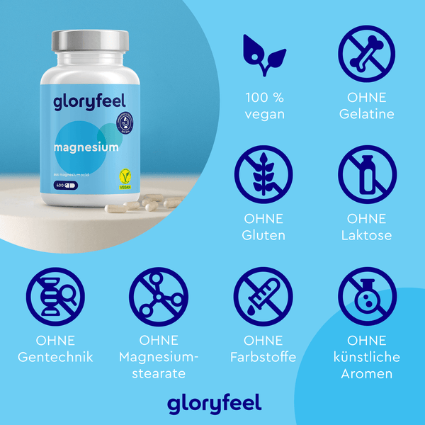 Abgebildet ist eine Flasche Magnesiumoxid-Kapseln der gloryfeel GmbH. Symbole kennzeichnen, dass die Kapseln vegan und frei von Gelatine, Gluten, Laktose, Gentechnik, Magnesiumstearat, Farbstoffen und künstlichen Aromen sind.