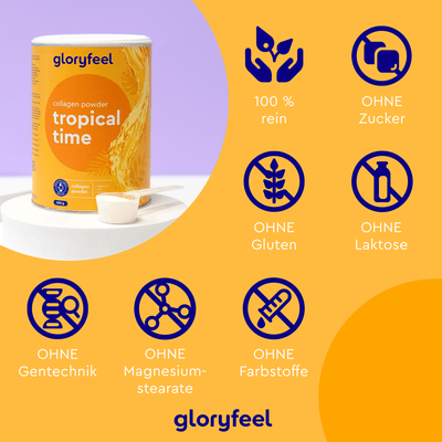 Das Kollagen Pulver Tropical Time der gloryfeel GmbH ist rein und enthält Hyaluronsäure. Es ist frei von Zucker, Gluten, Laktose, Gentechnik, Magnesiumstearat und Farbstoffen.