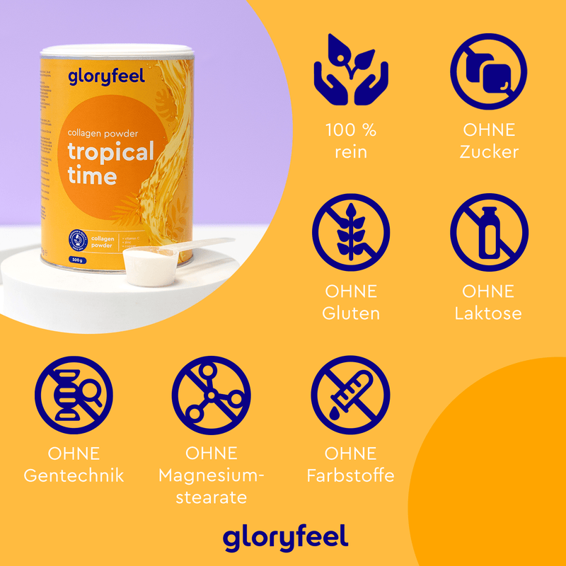 Das Kollagen Pulver Tropical Time der gloryfeel GmbH ist rein und enthält Hyaluronsäure. Es ist frei von Zucker, Gluten, Laktose, Gentechnik, Magnesiumstearat und Farbstoffen.