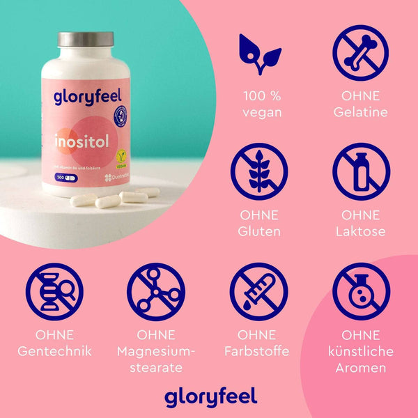 Inositol Kapseln von gloryfeel GmbH sind eine vegane Kapselflasche, frei von Gelatine, Gluten, Laktose, Gentechnik, Magnesiumstearat, Farbstoffen und künstlichen Aromen.